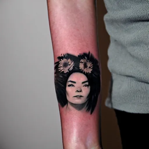 Prompt: Tattoo of Bjork on someone's arm, 35mm film