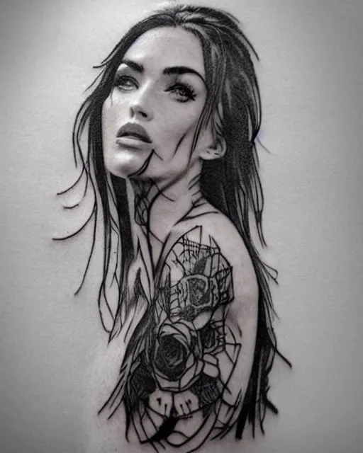 Prompt: creative double exposure effect tattoo design sketch of megan fox with beautiful mountains, realism tattoo, in the style of matteo pasqualin, amazing detail, sharp