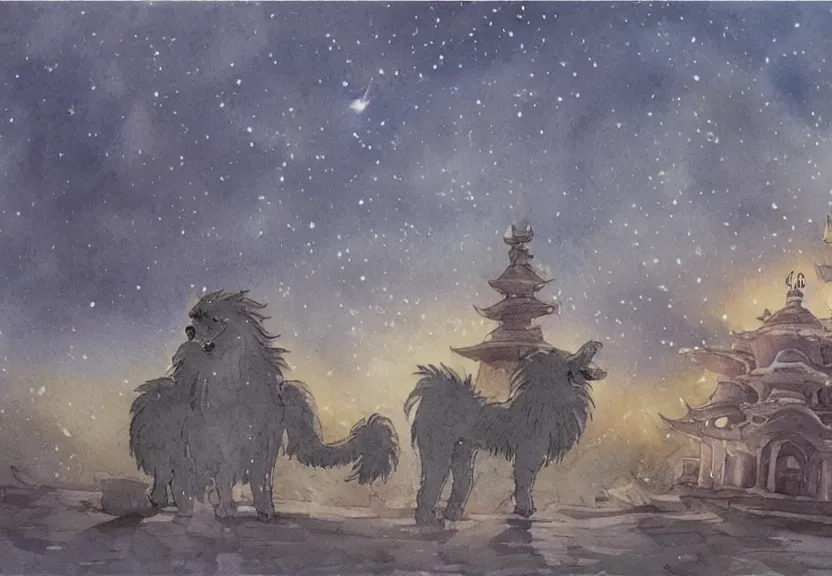 Image similar to a hyperrealist watercolor concept art from a studio ghibli film showing one giant grey griffon. a temple is under construction in the background in india on a misty and starry night. by studio ghibli. very dull muted colors