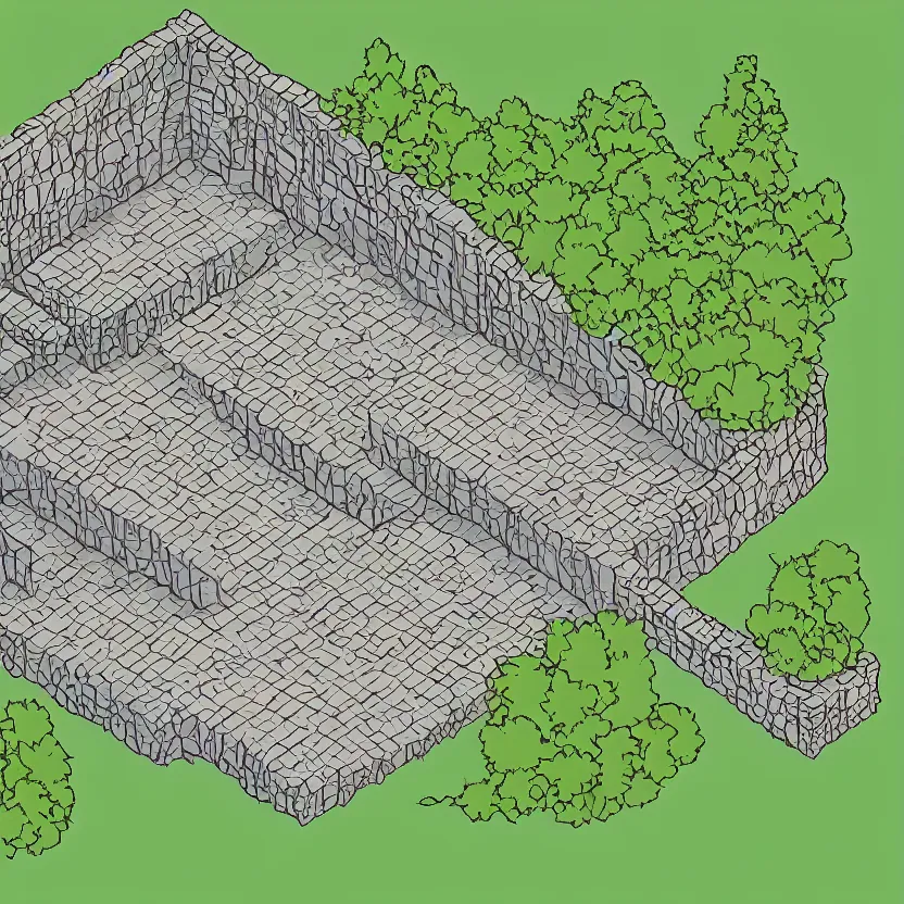 Image similar to isometric view of the outside of a cave, colored lineart