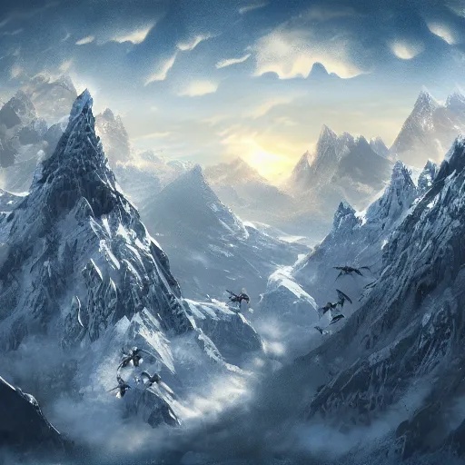 Prompt: dragons flyring around a snowcapped fantasy mountain, digital art, high resolution, artstation