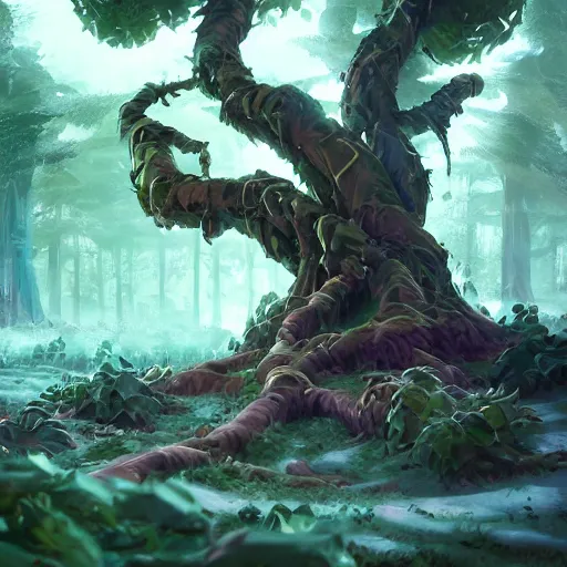 Image similar to arcane style forest tree root trap, root trap, tree roots attack bright art masterpiece artstation. 8k, sharp high quality artwork in style of Jose Daniel Cabrera Pena and Greg Rutkowski, concept art by Tooth Wu, blizzard warcraft artwork, hearthstone card game artwork, leaves trap, trap made of leaves