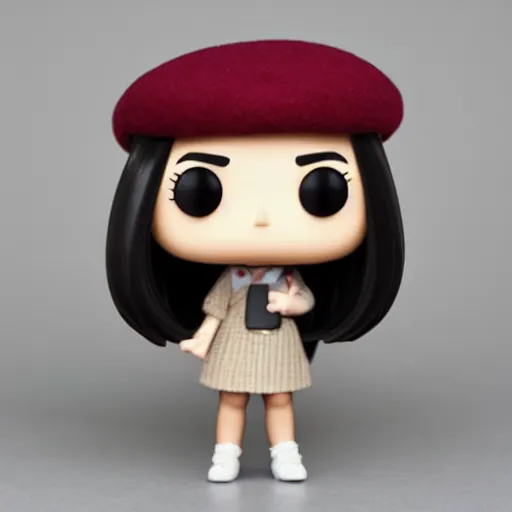 Image similar to Elmiira; funko pop of girl with short brown hairm, wearing a beret; white shirt; funko pop