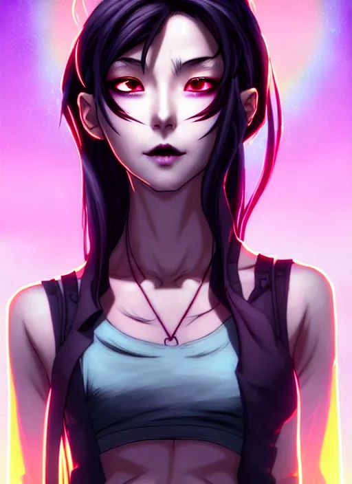 Image similar to a portrait of dilraba dilmurat as revy from black lagoon, smirk, black tank top, jean shorts, symmetrical eyes, symmetrical face, art by lois van baarle and loish and ross tran and rossdraws and sam yang and samdoesarts and artgerm, digital art, intricate, sharp focus, unreal engine 5