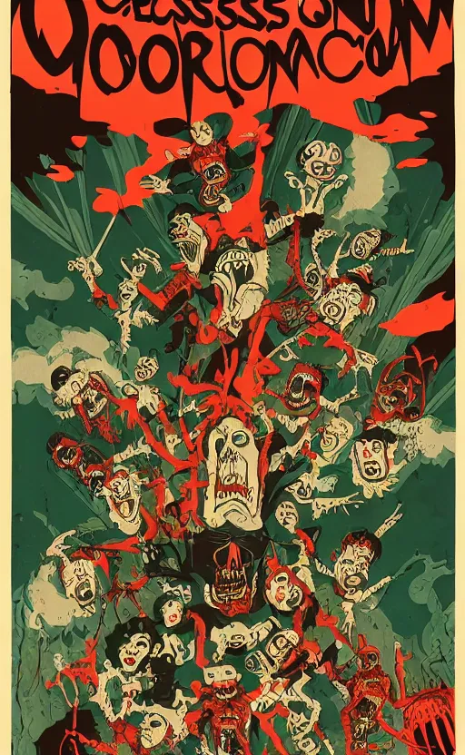 Image similar to cursed with necronomicon horrorcore cel animation poster depicting gory waldo eating the deceased power puff girls, intricate faces, metropolis, 1 9 5 0 s movie poster, post - processing, vector art