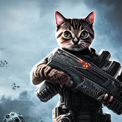 Prompt: lil bub the cat in Gears of War, splash art, movie still, cinematic lighting, dramatic, octane render, long lens, shallow depth of field, bokeh, anamorphic lens flare, 8k, hyper detailed, 35mm film grain