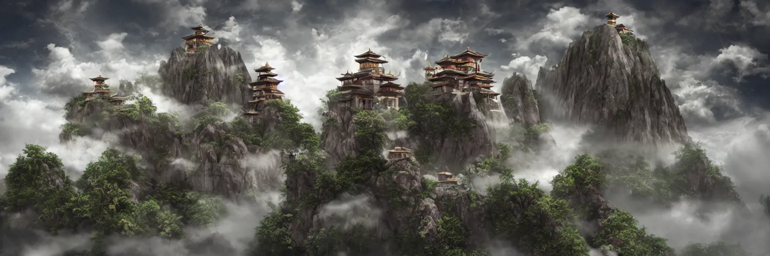 Prompt: flying monastery in the clouds, octane render, by Tomino-sama