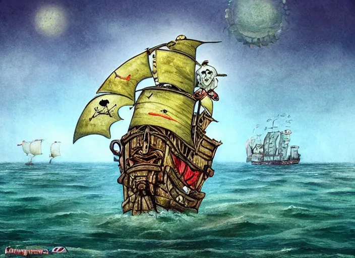 Image similar to pirate ship at sea, amazing background, lowbrow, 3 - d, highly detailed, in the style of alexander jansson,