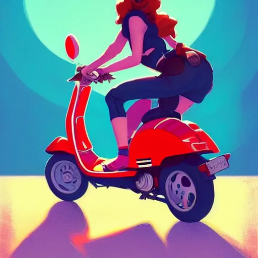 Prompt: turquise vespa moped, in the style of artgerm, gerald brom, atey ghailan and mike mignola, vibrant colors and hard shadows and strong rim light, plain background, comic cover art, trending on artstation