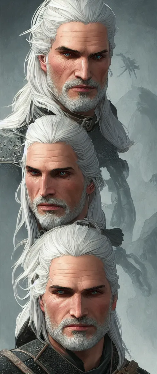 Prompt: male cottagecore the witcher geralt of rivia. intricate, elegant. highly detailed, digital painting, artstation, concept art, smooth, sharp, focus, illustration.. art by artgerm and greg rutkowski and alphonse mucha