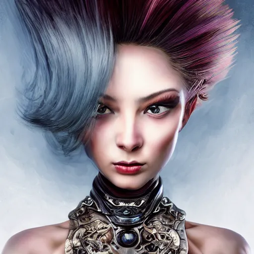 Image similar to portrait, headshot, insanely nice professional hair style, dramatic hair color, digital painting, of a old 17th century, old cyborg Supermodel, amber jewels, baroque, ornate clothing, scifi, realistic, hyperdetailed, chiaroscuro, concept art, art by Franz Hals and Jon Foster and Ayami Kojima and Amano and Karol Bak,