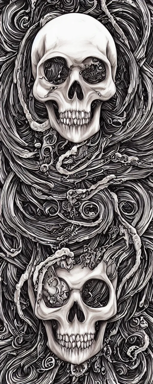 Prompt: 3 d classical japanese art close - up swirly human skull, skeleton ram skull portrait, necronomicon, jellyfish phoenix fire energy flow, highly detailed. by nastplas, hanna jaeun, jana heidersdorf, natalia evelyn bencicova