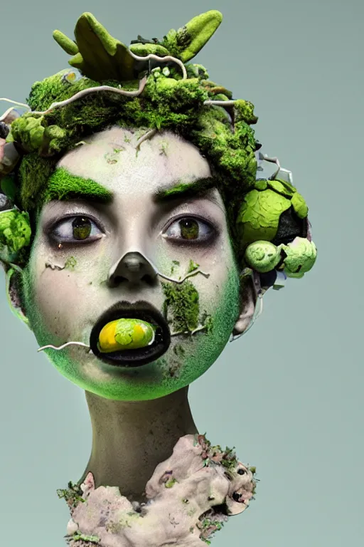 Prompt: nonbinary model, subject made of cracked clay, vine headdress, shinigami, moss patches, 2 0 mm, with pastel yellow and green bubbles bursting out, melting into bulbasaur, delicate, beautiful, intricate, houdini sidefx, by jeremy mann and ilya kuvshinov, jamie hewlett and ayami kojima, bold 3 d