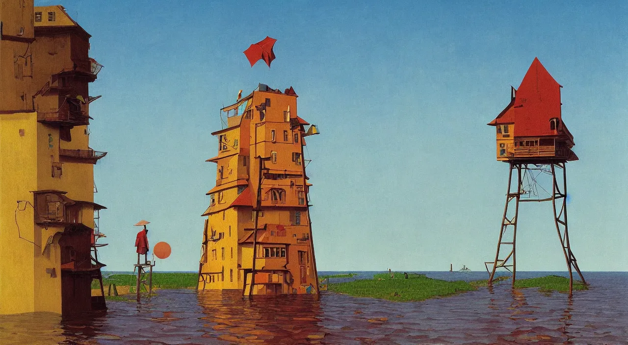 Image similar to single flooded simple fork wooden tower, very coherent and colorful high contrast!! masterpiece by rene magritte simon stalenhag carl spitzweg syd mead norman rockwell edward hopper james gilleard, minimalist, dark shadows, sunny day, hard lighting