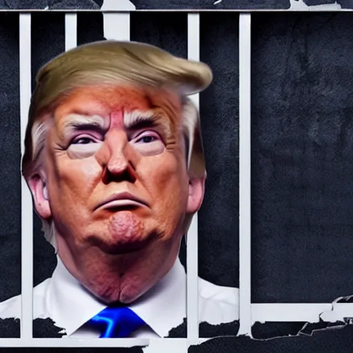 Prompt: Donald Trump behind prison bars, wearing a prison jumpsuit, high resolution photograph