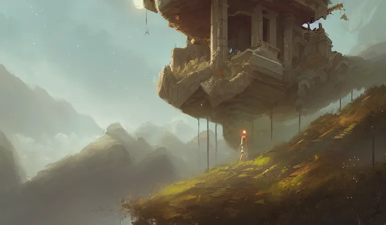 Prompt: A serene landscape with a singular building in the style of Peter Mohrbacher.