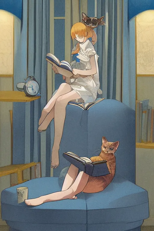 Prompt: a digital painting of a girl reading a book with a cat in A comfortable study room at night,jk uniform ,Hairdryer,blue theme,geometric shapes,S line,hard edges, by mucha and krenz cushart and range murata