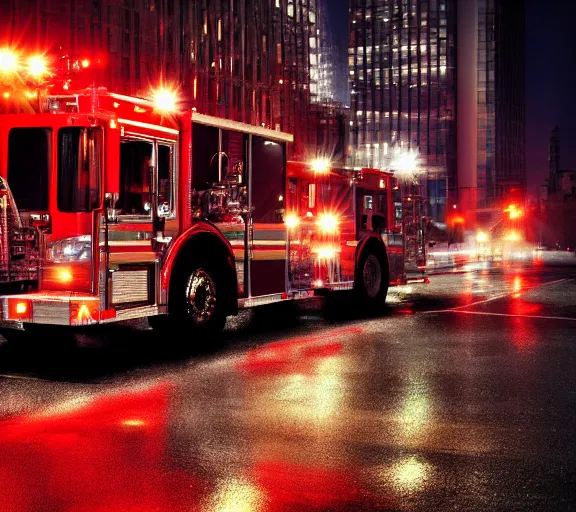 Image similar to A firetruck at night, city streets, back view, off angle, rule of thirds, dark shading, flashing lights, wet reflective concrete, city, photograph, award winning, deviantart