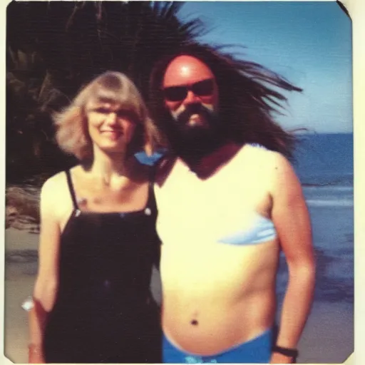 Prompt: found polaroid of my parents at beach, who look exactly like Taylor Swift and Macho Man Randy Savage