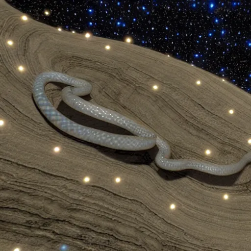 Image similar to a full shot of giant leucistic texas rat snake floating in the milky way sourronded with gemstones, unreal engine 5