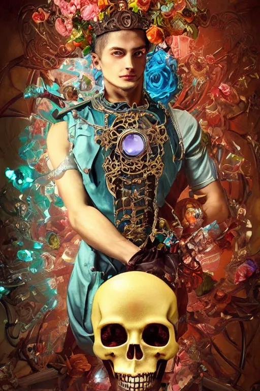 Prompt: a young handsome Spanish metal android with a large glowing sakura-color lit crystal in the center of his chest, full-body bronze cyberpunk style statue of Icarus with glowing blue eyes, crown of mechanical peach roses, flowing teal-colored silk, fabric, steampunk flowers. baroque elements, human skull. full-length view. baroque element. intricate artwork by caravaggio. many flying horses on background. Trending on artstation, octane render, cinematic lighting from the right, hyper realism, octane render, 8k, depth of field, 3D