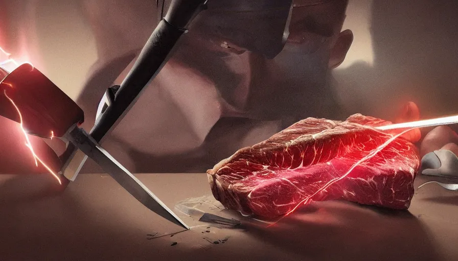 Image similar to homelander cutting a piece of steak with lazers coming from his eyes, hyperdetailed, artstation, cgsociety, 8 k