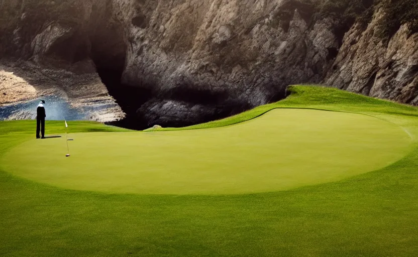 Image similar to a great photograph of the most amazing golf hole in the world, incredible light, cliffs by the sea, perfect green fairway, human perspective, ambient light, 5 0 mm, golf digest, top 1 0 0, fog