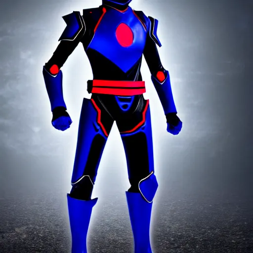 Image similar to Hard Science Fiction Kamen Rider, dark blue armor with red secondary color glowing eyes, daytime, grey rubber undersuit