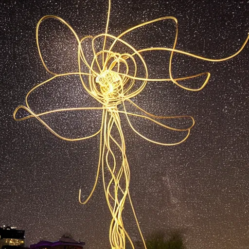 Prompt: a gigantic glowing golden wire sculpture of a flower, in a starry black sky