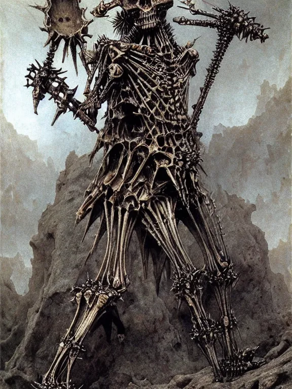 Prompt: A spiked ant skeleton with armored joints stands in a large cavern with sword in hand. Massive shoulderplates. Extremely high detail, realistic, fantasy art, solo, masterpiece, bones, ripped flesh, saturated colors, art by Zdzisław Beksiński, Arthur Rackham, Dariusz Zawadzki