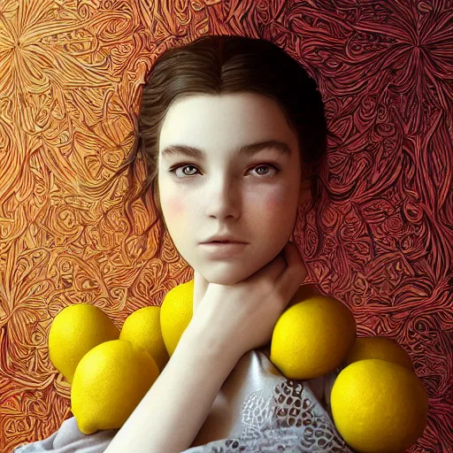 Image similar to the portrait of an absurdly beautiful, graceful, elegant, sophisticated, young teen girl made up of lemons looking up, an ultrafine hyperdetailed illustration by kim jung gi, irakli nadar, intricate linework, bright colors, octopath traveler, final fantasy, unreal engine 5 highly rendered, global illumination, radiant light, detailed and intricate environment