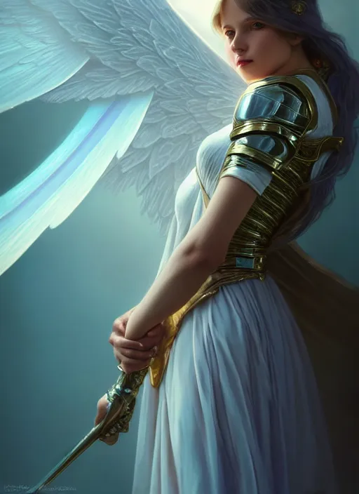 Image similar to one angel, big wings, low key light, full plate armor with cloth, f 1 6, bokeh, extreme close up portrait, gentle, female, mountain, storm, god rays, landscape, d & d, fantasy, elegant, teal pink white gold color palette, concept art, artgerm and greg rutkowski and alphonse mucha