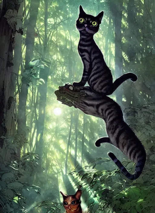 Image similar to a hyper realistic ink cat alien technology and sunbeams blue sky, lush forest foliage painting by chiara bautista and norman rockwell and greg rutkowski weta studio, and lucasfilm