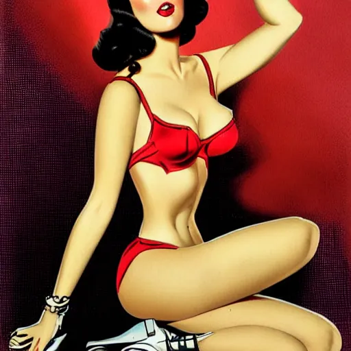 Image similar to a pinup illustration of megan fox in the style of gil elvgren and in the style of alberto vargas.