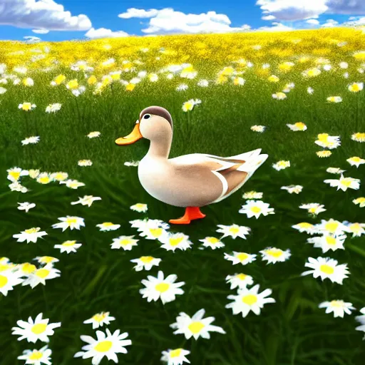 Image similar to a duck in a field of daisies on a bright sunny day, duck surrounded by daisies, with clouds in the sky, lots of little daisies in the field, spring, nature, beautiful, disney pixar style, super resolution, extremely detailed