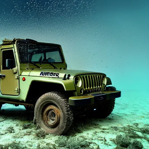 Image similar to eerie murky underwater photo of an upside - down military jeep sinking down. the jeep is inverted. bubbles. 4 k.