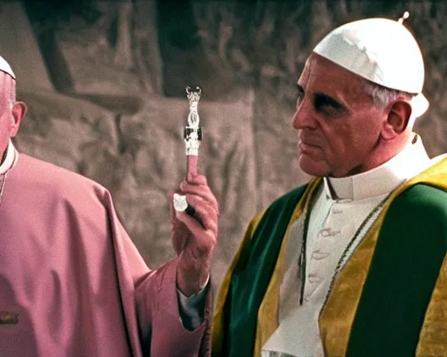 Image similar to a film still of the pope as the ramesses faraoh, in the 1 0 commandments ( 1 9 5 6 ), technicolor color