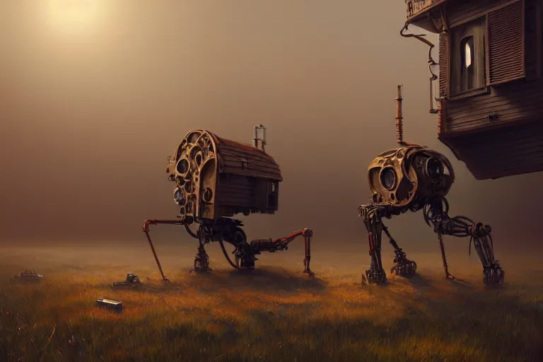 Image similar to a house with two mechanical legs looking like a human, rust, hyperrealistic, highly detailed, cinematic, single ray of sun, fog, beautiful, cgssociety, artstation, 8 k, oil painting