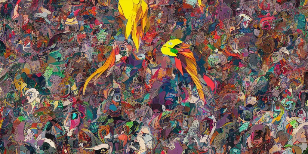 Prompt: colorful illustration of a million fighting roosters, mix of styles, collage of styles, abstract, surreal, intricate, highly detailed, ghost in the shell color scheme