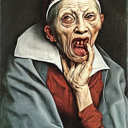 Image similar to an ugly very old woman, witch, angry, hate, mannerism, by Agnolo Bronzino