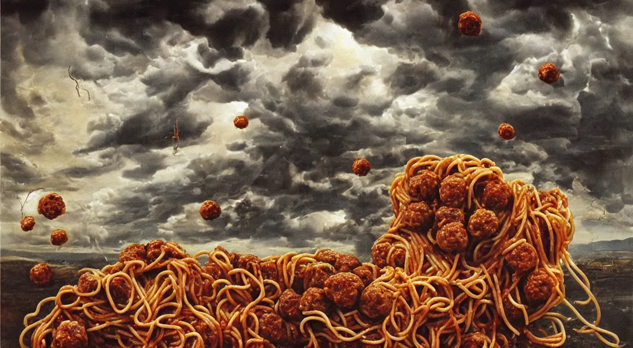 Image similar to perfect woman bodies inside spaghetti bolognesa with meatballs and hundred rusted perfect woman bodies flying in stormy clouds by dali, hyper - realism