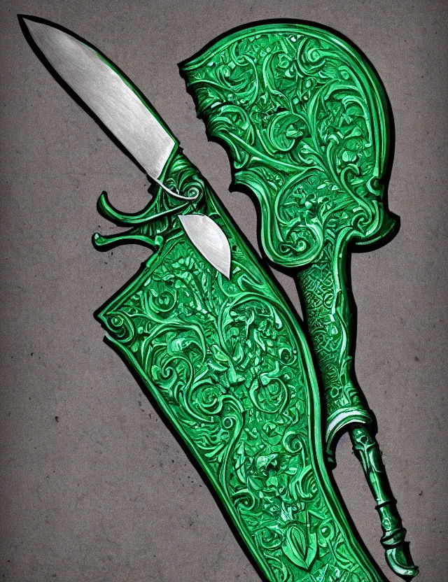 Image similar to ornate emerald butchery knife, fantasy illustration, medieval era, blank background, studio lighting, hand - drawn digital art