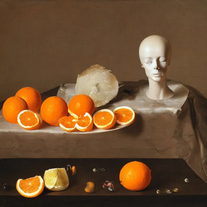 Prompt: still life painting of a melting pink glass mannequin head, by pieter claesz, oil on canvas, strong lighting, highly detailed, peeled oranges, sliced grapefruit, hyper realism, golden hour, god rays, hd, 4 k