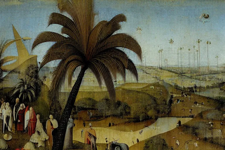 Prompt: southern california landscape palm trees freeway painted by hieronymus bosch