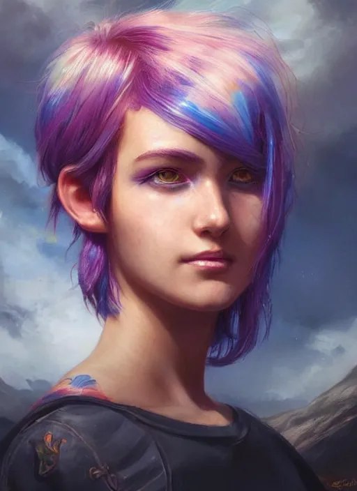 Image similar to girl with rainbow hair, pixie haircut, beautiful highly detailed face, complementary lighting, backlit, black eyeshadow, grinning, adventure, dramatic lighting, landscape background, beautiful painting by artgerm and greg rutkowski and raymond swanland