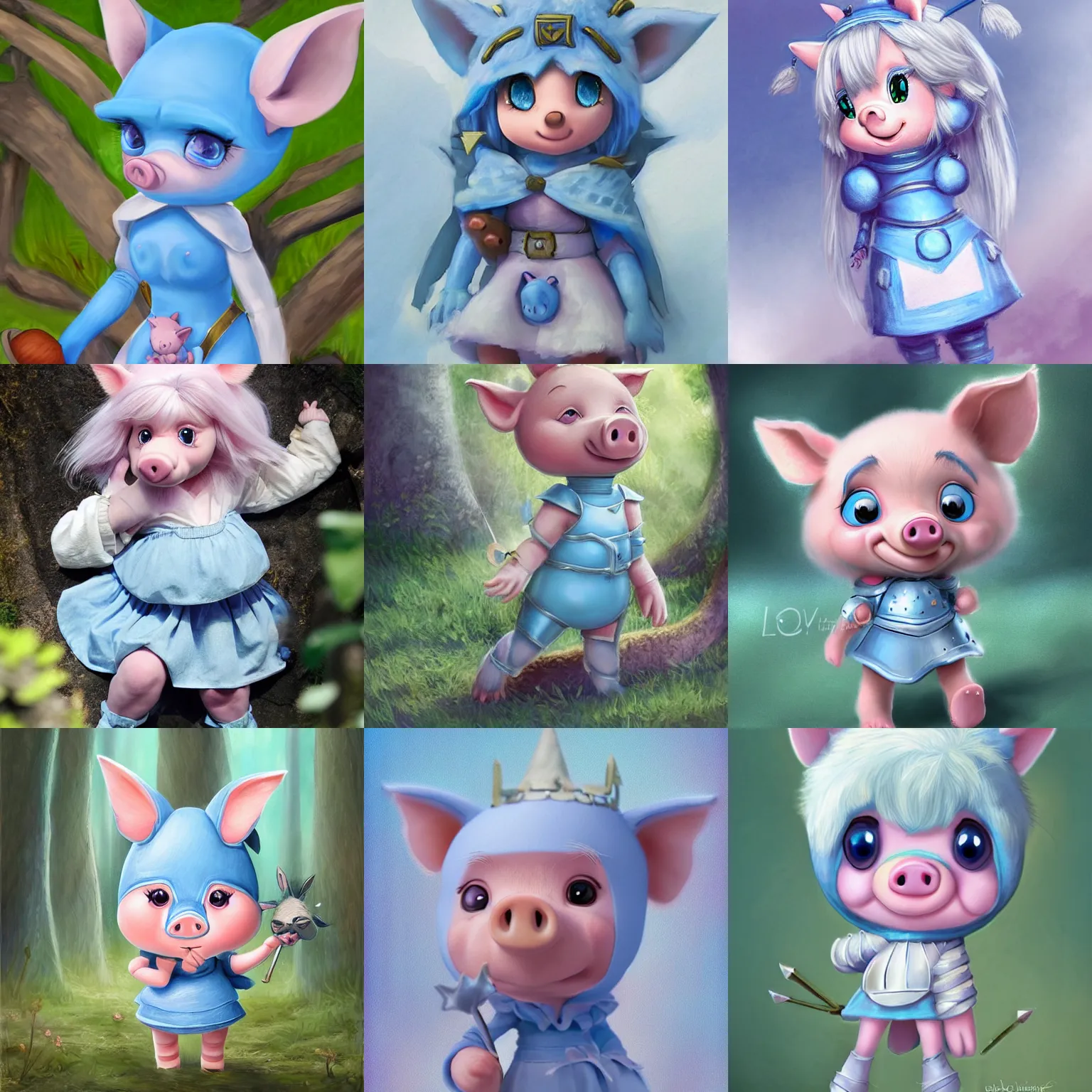 Prompt: very cute and adorable little piggy knight, big beautiful blue eyes, piglet, fantasy forest, pale blue outfit, pretty, semi realistic, hyper detailed, 8k, DeviantArt, Instagram, Behance, Artstation, trending on artstation, Pixiv, Pixiv daily ranking, art of silverfox, Yee Chong Silverfox, Sydney Hanson, Mickael Lelièvre, Jaeyeon Nam, derevschikova, Elina Karimova