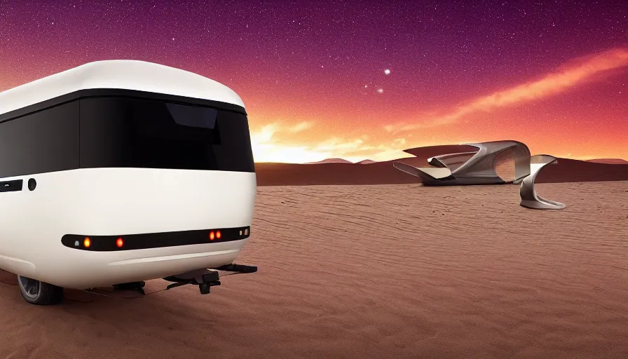 Prompt: professional photograph of a beautiful futuristic Winnebago designed by Buckminster Fuller and Zaha Hadid in a picturesque alien desert. Astronauts are camping nearby. Mammatus clouds worms eye shot, wide-angle, racking focus, extreme panoramic, Dynamic Range, HDR, chromatic aberration, Orton effect intricate, elegant, highly detailed, digital painting, artstation, concept art, smooth, sharp focus, illustration, art by artgerm and greg rutkowski and alphonse mucha