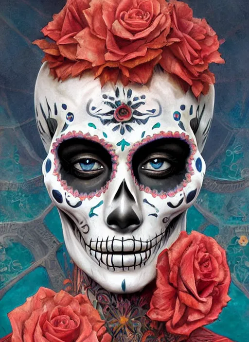 Image similar to digital _ painting _ of _ dia de los muertos _ by _ filipe _ pagliuso _ and _ justin _ gerard _ symmetric _ fantasy _ highly _ detailed _ realistic _ intricate _ port