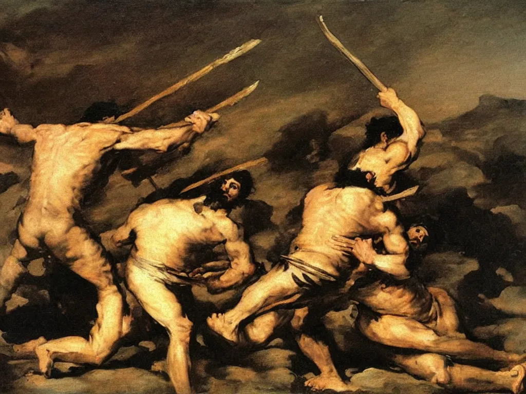 Prompt: Cain kills Abel with a spear by francisco goya, mythological painting, oil painting