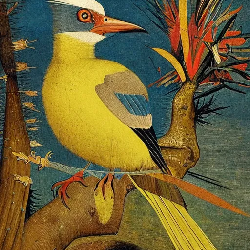 Image similar to A beautiful experimental art of a bird in its natural habitat. The bird is shown in great detail, with its colorful plumage and intricate patterns. The background is a simple but detailed landscape, with trees, bushes, and a river. bright yellow by Jack Davis, by Hieronymus Bosch rich